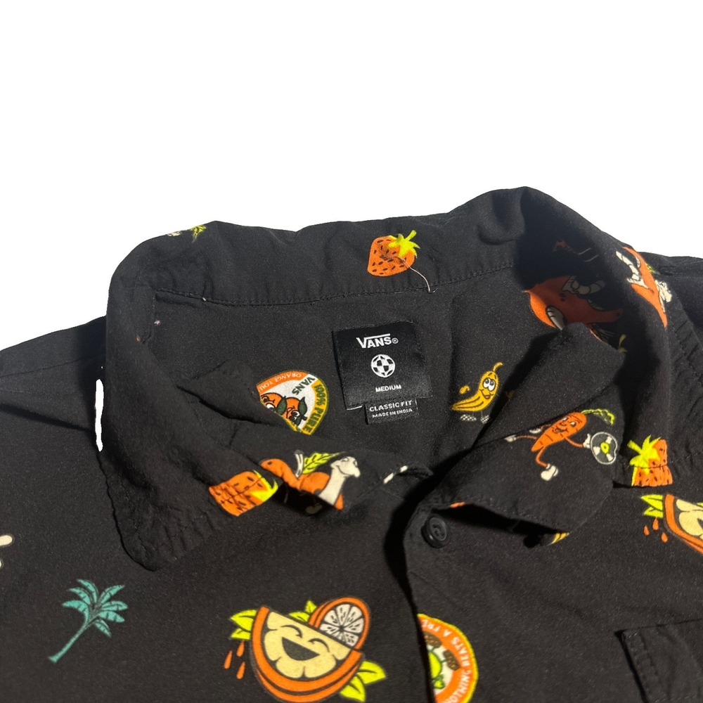 Vans Men's Black Short Sleeve Button-Up, Fruit Sticker Pattern, Size Medium - Picture 2 of 10